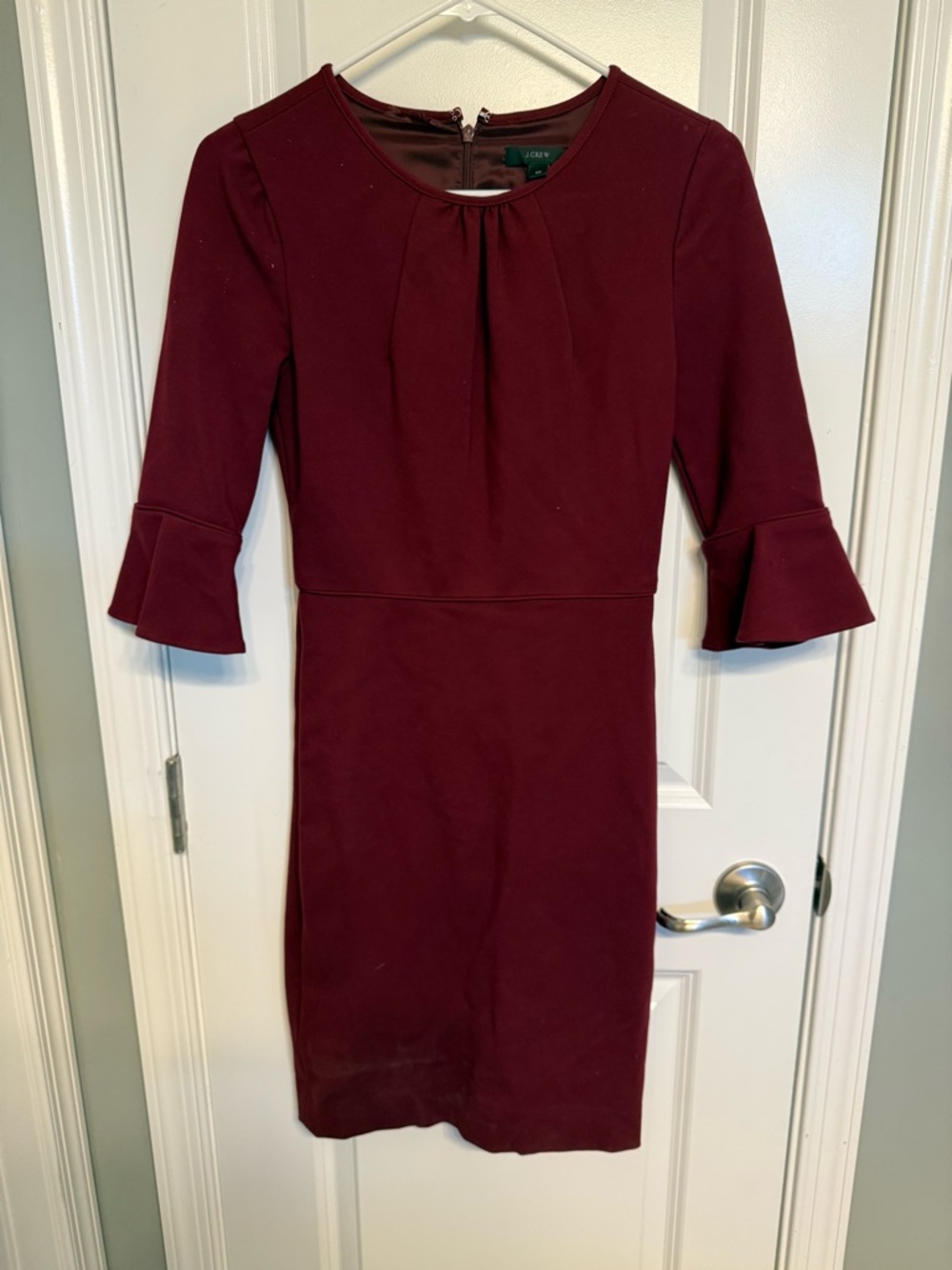 J. Crew Burgundy Midi Dress with Flared Three-Quarter Sleeves